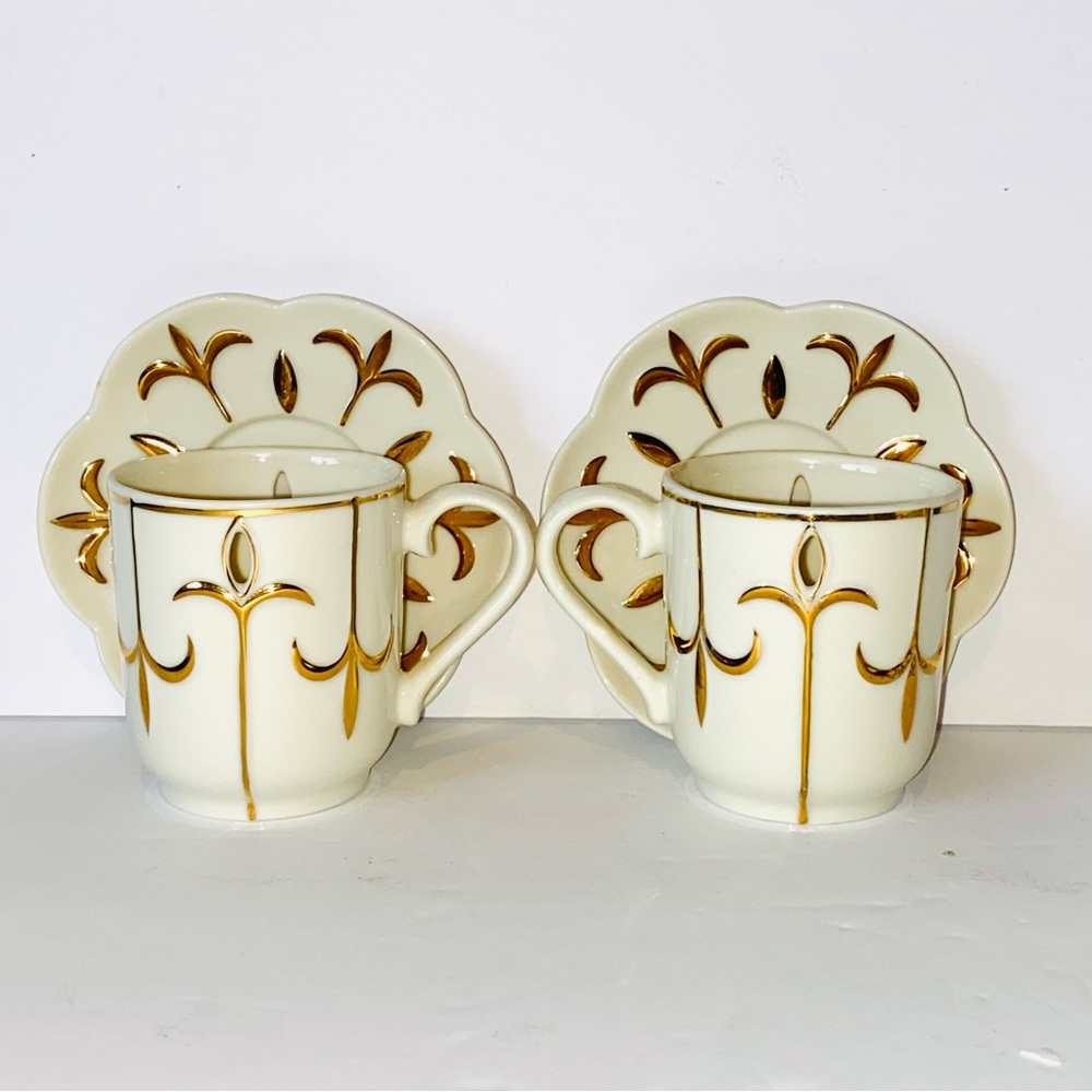 Partylite Tea for Two 5pc Votive Candle Holders Teapot Cups Saucers Ivory & Gold - Picture 7 of 15